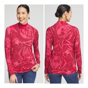 NEW Chico's Size XXL Burgundy Rose Print Mockneck Pullover Sweater